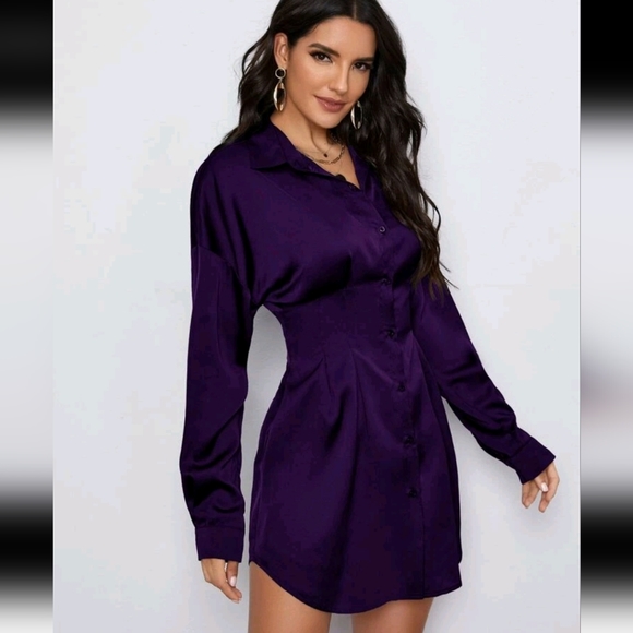 SHEIN BAE Drop Shoulder Ruched Waist Satin Shirt Dress - Picture 4 of 8